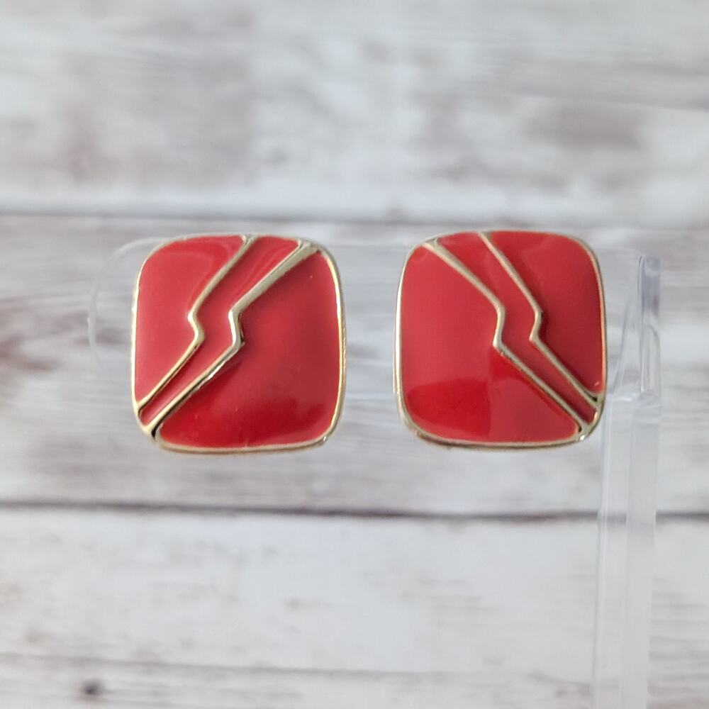Vintage Clip On Earrings Retro Stylish Red & Gold Tone Statement